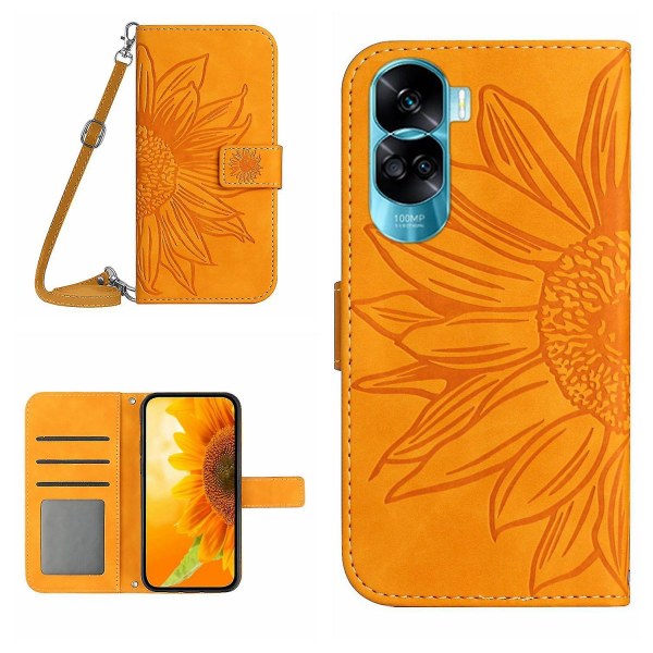 Pu Nahkainen jalustan cover For Honor 90 Lite 5g / X50i 5g, Phone case olkahihnalla Yellow