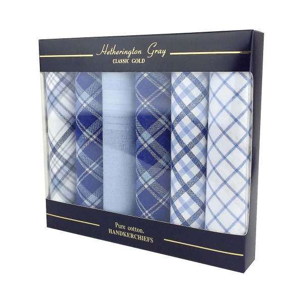 6-pak herre/herrer ternet lommetørklæder, 100 % bomuld i en gaveæske, forskellige farver Blue