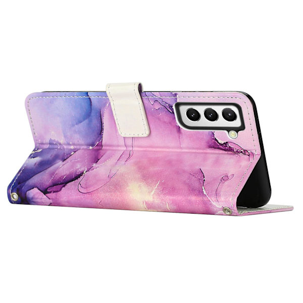 Marmormönsterutskrift cover för Samsung Galaxy S23, Pu läder hopfällbart stativ Flip case med rem Purple