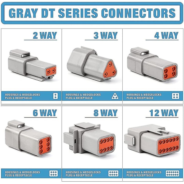 188-dels Deutsch DT Grå Kontaktset med 16 Solida Kontakter i 2, 3, 4, 6, 8 och 12-stiftskonfigurationer, bilkontakter