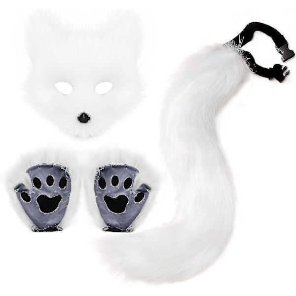 Imiteret Pels Rævehale Kat Ulv Cosplay Kostume Sæt Plys Maske Fluffy Pote Handsker Halloween Jul White