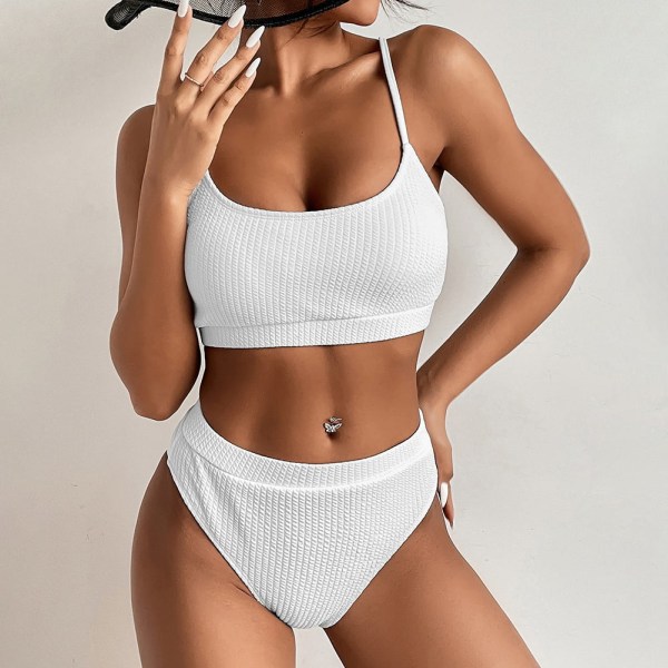 Dame med høy midje ribbet Cami Bikini Sett Hvit M-US8