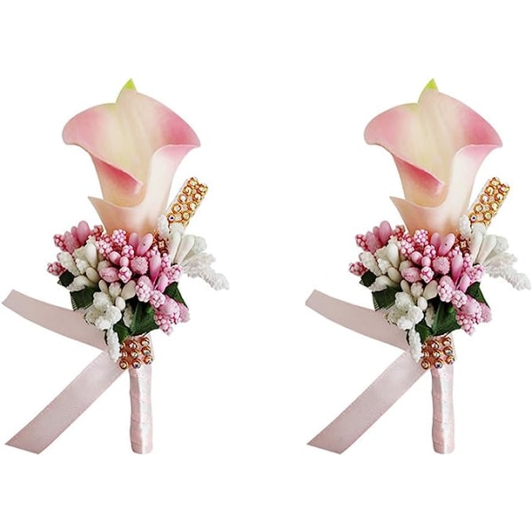 Calla Lily Lys Pink Boutonniere sæt med 2 håndlavede silkeblomster med båndkorsage til brudgommens bryllupsfest