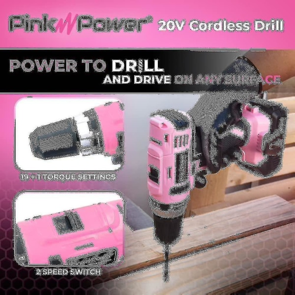 Pink Power Pink set för kvinnor 20v sladdlös borrskruvdragare Verktygssats för kvinnor Li-ion elektrisk borr, power med verktygsväska, batteri, laddning