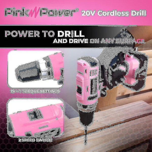 Pink Power Pink set för kvinnor 20v sladdlös borrskruvdragare Verktygssats för kvinnor Li-ion elektrisk borr, power med verktygsväska, batteri, laddning