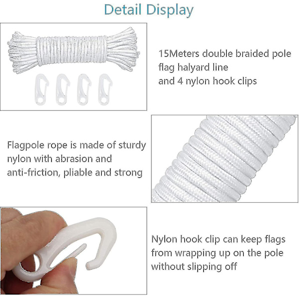 15m 6mm Nylon Flaggrep Flaggstång Rep Stång Flagga Falllinje Vit Flagglinjefall Dubbelflätad med 4 krokar