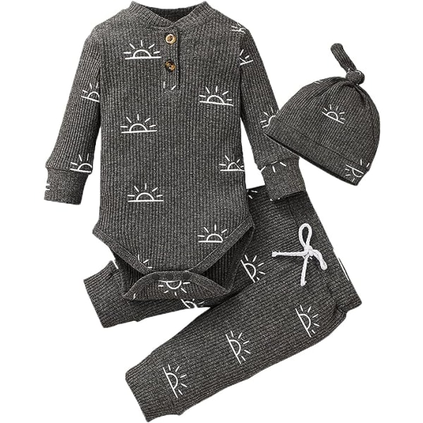 Baby drengetøj Newborn Ribbet langærmet bukse med solmønster + bukser + hat outfits sæt Grey 0-3 months