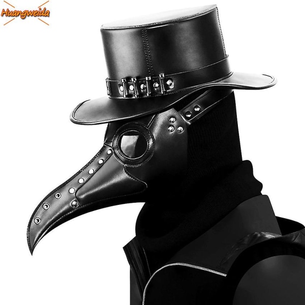 Plague Doctor Black Death Mask Läder Halloween Steampunk Pu Carnival Cosplay Vuxen De Peste Vuxen Glasögon Mask Grim Reaper HG65006BK