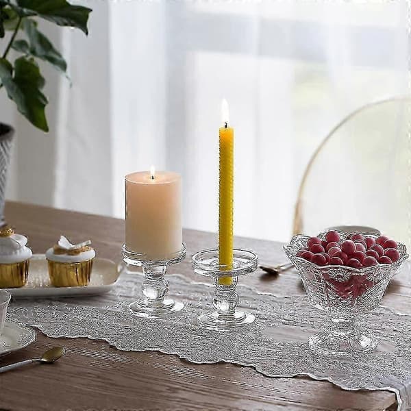 2 stk. lysestake og søyleholder i glass, 8 cm høye krystallvinduslysestaker, til bryllup og
