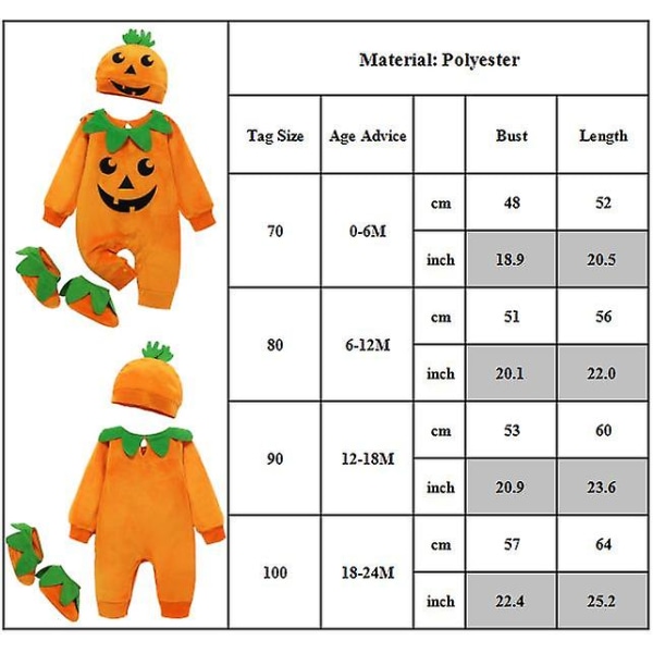 0-24 måneder Nyfødt baby i ett stykke gresskar buksekostyme Halloween Jumpsuit+lue+støvler Antrekk Sett Gaver 0-6 Months