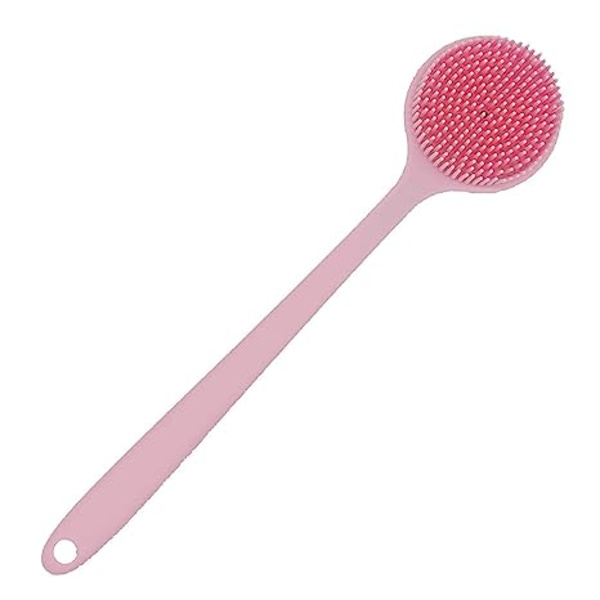 Myk silikonskrubber for dusjbadekarkroppsbørste med langt håndtak, BPA-fri, allergivennlig, miljøvennlig (rosa)