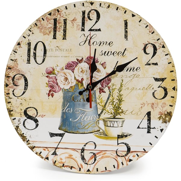 Stillegående rund veggklokke av tre Vintage Chic Floral Patchwork-klokke - for stue, soverom og kjøkken (kafé og blomster)