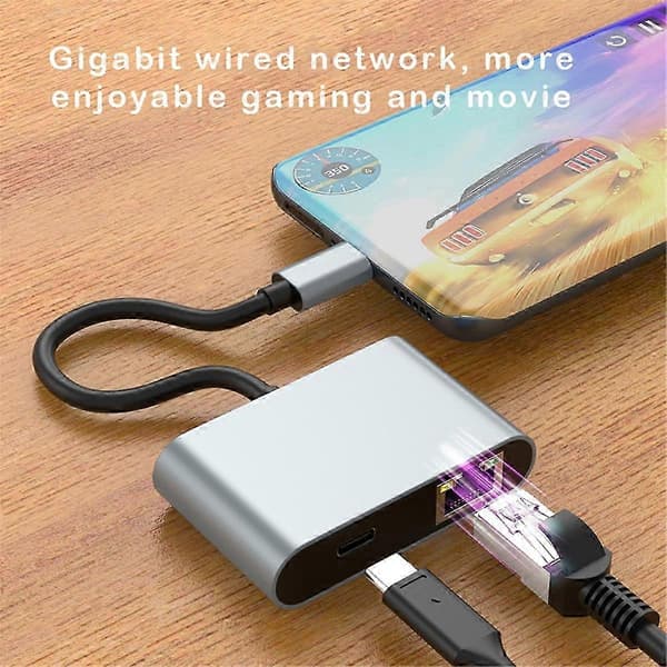 USB C Ethernet-adapter 1000 Mbps med PD-lading og doble USB 3.0-porter Som visas