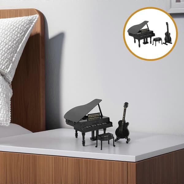 Miniatyr musikaliskt dockhuspiano och gitarrset för dekoration