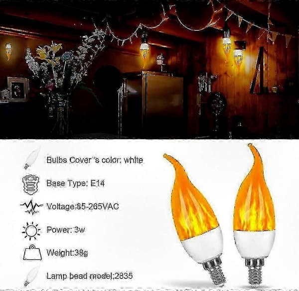 4-pakning E14 LED-flammeeffektpære, 3W, 3 lysmoduser, dekorativ belysning