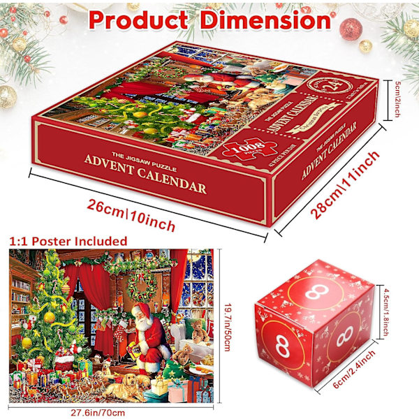Adventskalender 2023 julpussel - jultomten förbereder oplægsholder, 24 lådor-1008 pusselbitar for voksne og barn Nedräkning