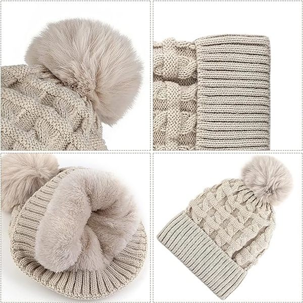 Bobble-hattu naisille Talvipipohatut Thermal fleecevuorattu hattu Naisten neulotut villahatut tekoturkisella Pom Pom Beige
