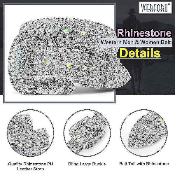 Strassbälte för män kvinnor Western Cowboy Cowgirl Bling dubbat läderbälte för jeansbyxor Silver 105cm(41Inch)