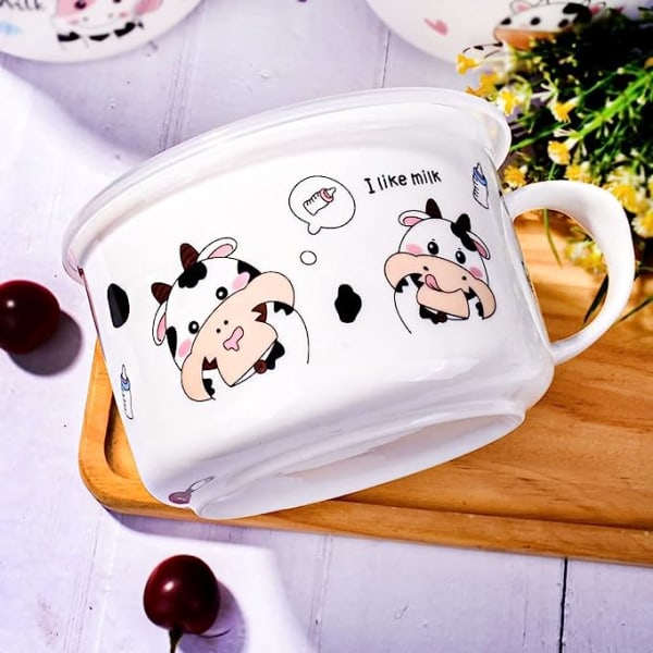Keramikskål med lock och handtag, söta kordesign, mikrovågsugn för Instant Noodle Sara, spannmålsskål (söt mjölk)