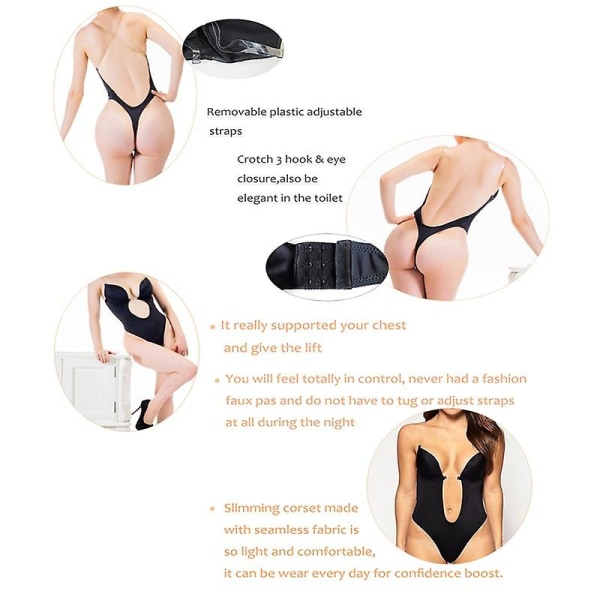 Kvinder Body Shaper Slips Rygløs BH G-strengs taljetræner U Plunge Underdress Shapewear Skin S