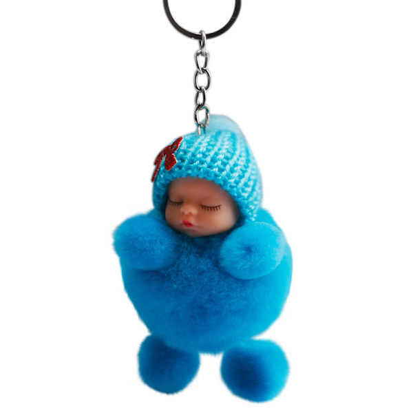 Sød Sovende Baby Bowtie Fluffy Pompom Pels Plys Dukke Nøglering Nøglering Nøglering blue
