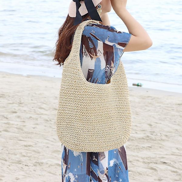 Kvinners Beige Straw Tote Bag - Stor sommerstrandveske med vevde skulderstropper