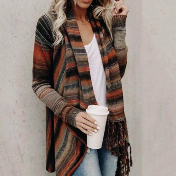 Kvinder Boho Cardigan Coat Outwear Jumper Jakke Top Orange L