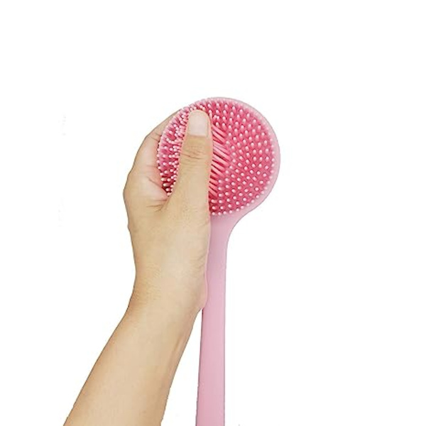 Myk silikonskrubber for dusjbadekarkroppsbørste med langt håndtak, BPA-fri, allergivennlig, miljøvennlig (rosa)