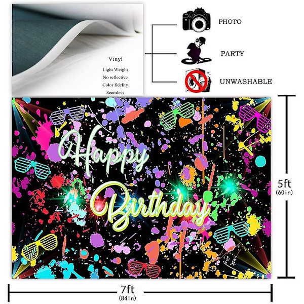 Neon syntymäpäiväjuhlien tausta 7x5 jalkaa hehkuu pimeässä Graffiti Splatter Happy Birthday Party Banner -tausta Lets Glow Dance Syntymäpäivädeco
