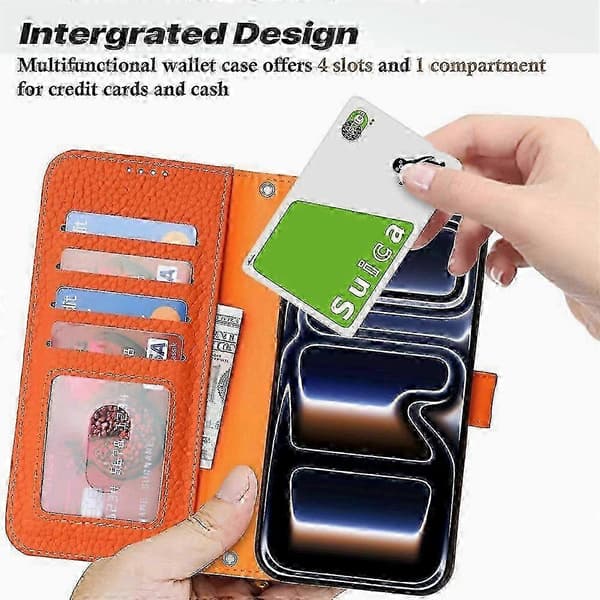 iPhone 17 Pro Max Äkta läderfodral med ställfunktion, litchi-textur och RFID-skydd Orange
