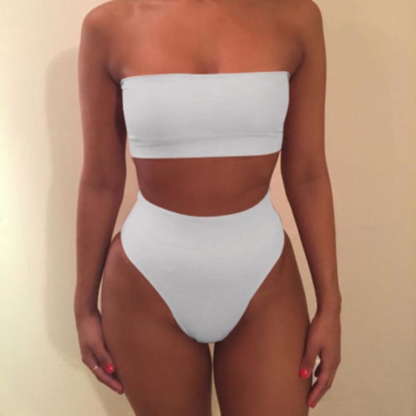 Solid Color Crop BH Bikini Badetøj Badedragt Strandtøj Sæt til kvinder white L