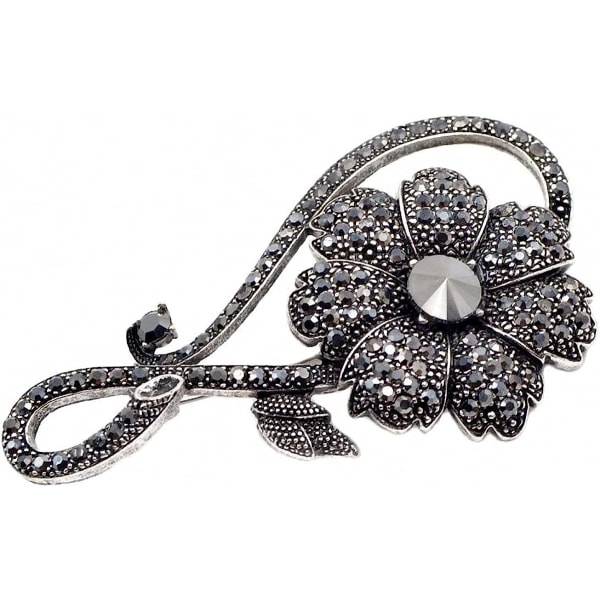 Rhinestone Black Flower Brochers Kvinder Vintage Antik Sølv Broche Pin Elegant Udsøgte Brocher