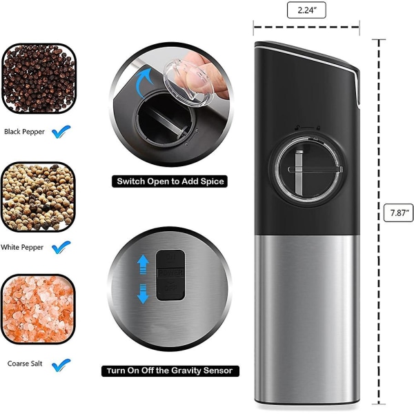 Salt- og pepperkvernsett, elektrisk pepperkvern usb oppladbar, automatisk gravitasjonskvern med bryter