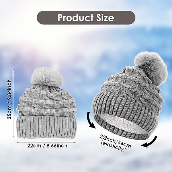 Bobble-hattu naisille Talvipipohatut Thermal fleecevuorattu hattu Naisten neulotut villahatut tekoturkisella Pom Pom Grey