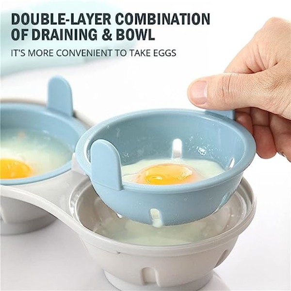 Mikrovågsugn för äggkokare, äggkokare, dubbla äggkoppar för kokta ägg, ångkokare med pocherat ägg, kokare för pocherat ägg med måttkopp, blå