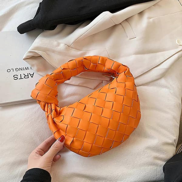 Vävd väska PU-läder Dam Axelväska Stor Flätad Väska Orange