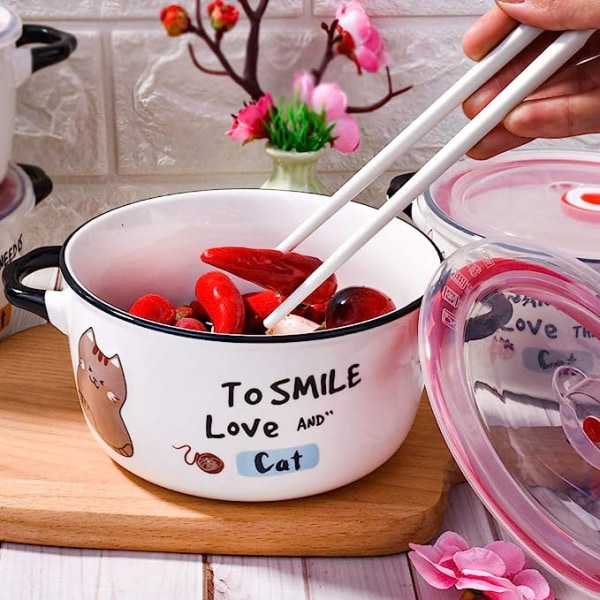 Mikroaaltouunissa keraaminen keittokulho kannella ja kahvoilla, söpö sarjakuva kissan murokulho keiton pikanuudeliin (ruskea)