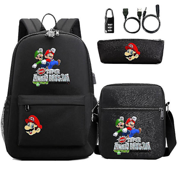 Super Mario 3d Print Usb Anti-tyverilås rygsæk sæt - 3 stk til unge, studerende, mænd og kvinder - afslappet rejsetaske 5
