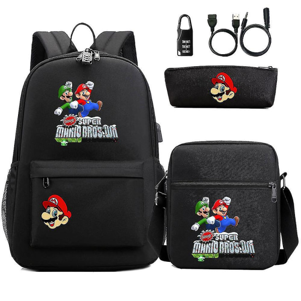 Super Mario 3d Print USB varkaudenesto lukittava set - 3 kpl nuorille, opiskelijoille, miehille ja naisille - casual matkalaukku 5