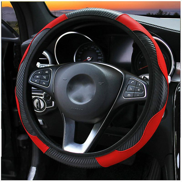 Bilratdæksel Åndbar Anti-Slip Pu-læder ratbetræk Egnet 38 cm Autodekoration Indvendigt tilbehør - Styrebetræk black red