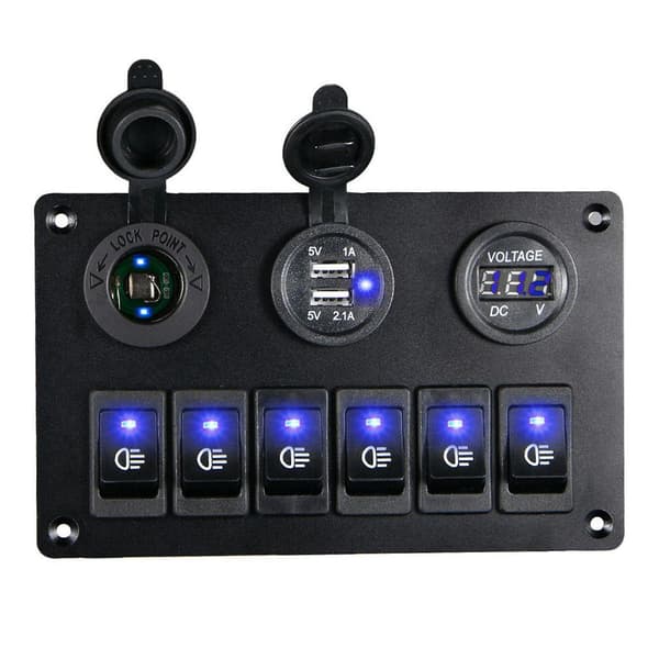 2x 6-veis bryterpanel med 12V-24V LED digital voltmeter dobbel USB-lader lighteruttak for RV Tr