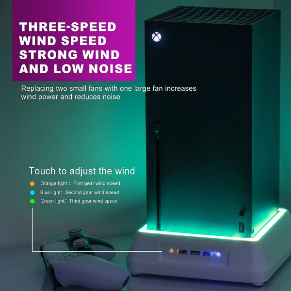 Kjølevifte kompatibel for Xbox Series X, kjølestativ med LED-lys, lite støy 3-hastighets kjøleviftesystem
