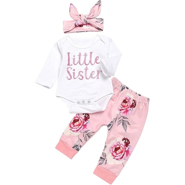 Tøjsæt til baby piger Nyfødt outfit Lillesøster Romper Top og rose trykte bukser og pandebånd 3 stk. Pink 6-12 months