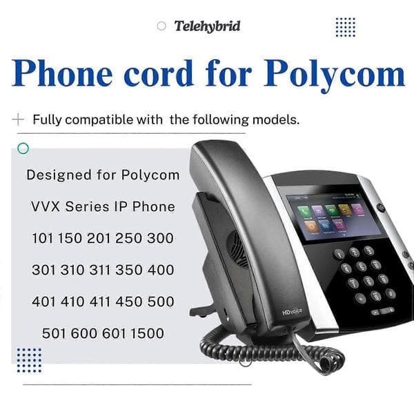 Udskiftningsledning til håndsæt til Polycom VVX Series-telefoner, sammenfiltringsresistent spiral, sort