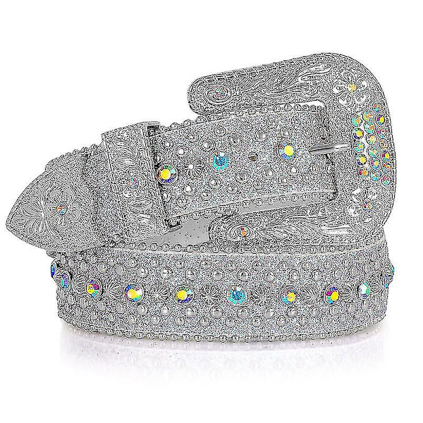Strassbälte för män kvinnor Western Cowboy Cowgirl Bling dubbat läderbälte för jeansbyxor Silver 105cm(41Inch)