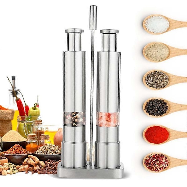 Manuel salt- og peberkværnsæt, tommelfinger-tryk pebermølle, rustfrit stål, krydderi-sauce kværne med metalholder Photo color