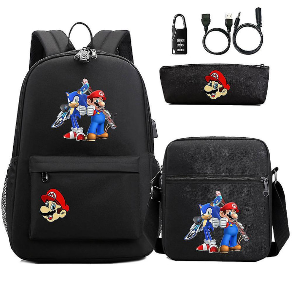 3-delt Super Mario 3d Print Usb Anti-tyverilås Ungdomsstudentryggsekk - Unisex Casual reiseveske for menn og kvinner 4