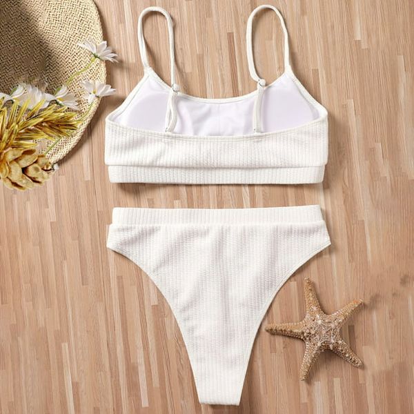 Kvinnor med hög midja ribbad Cami Bikini Set Vit M-US8