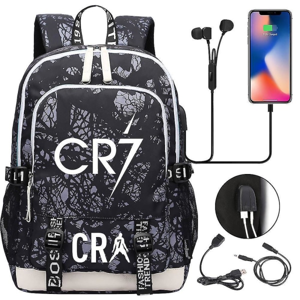 Cr7 ryggsäck för tonåringar, USB Charge multifunktionell vattentät skolväska med laptopfack, dagsäck med hög kapacitet, Mochilas 10