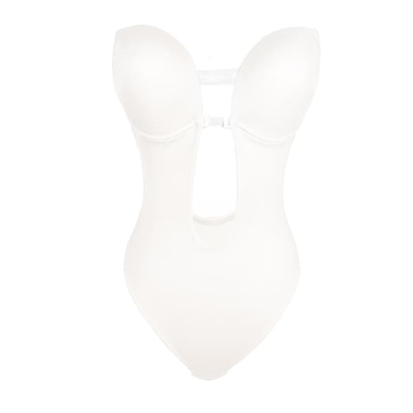 Kvinnlig Kroppsshaper Slips Rygglös BH T-string Midjetränare U-ringad Underklänning Shapewear White XL